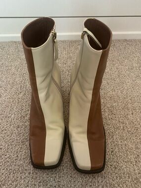 ALOHAS Two-Tone Brown and Cream Leather Block Heel Ankle Boots